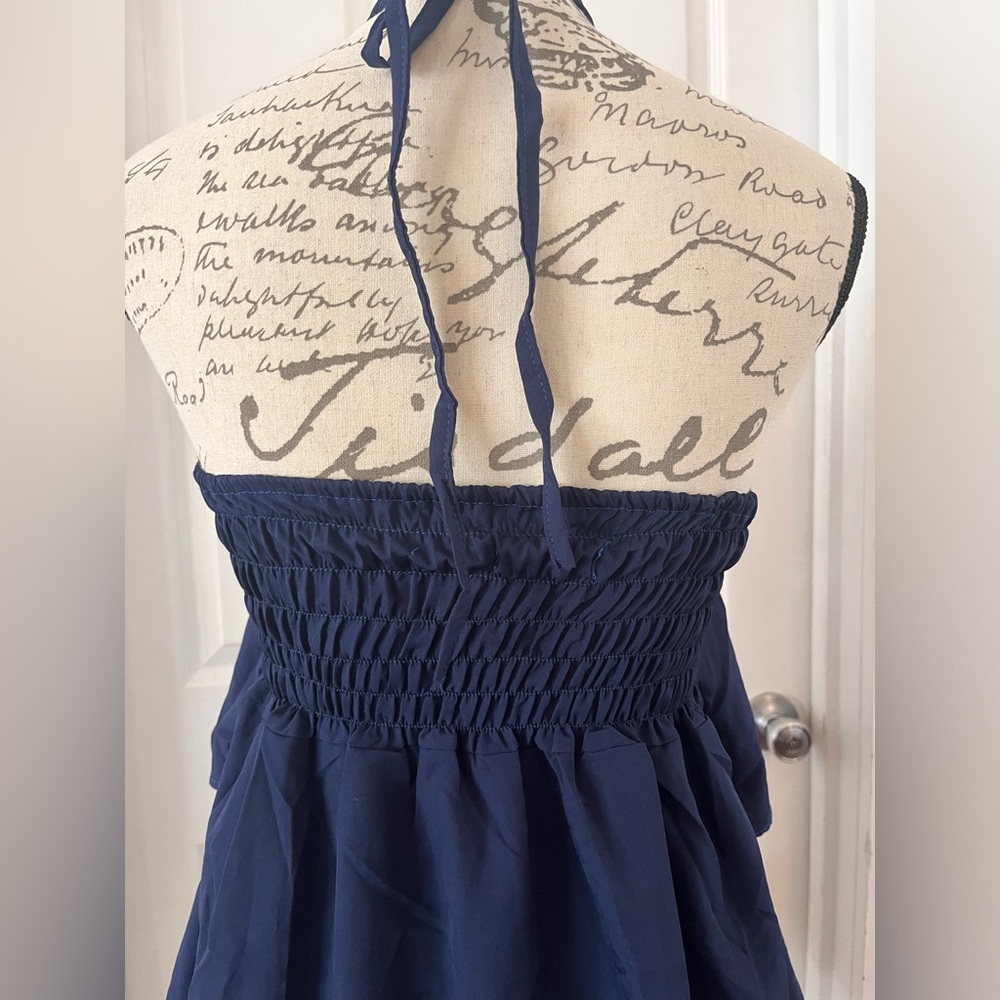 NWT Navy Blue Tiered Halter Mini Sundress Smocked Sz Small Tie Neck Bohemian - Picture 8 of 10